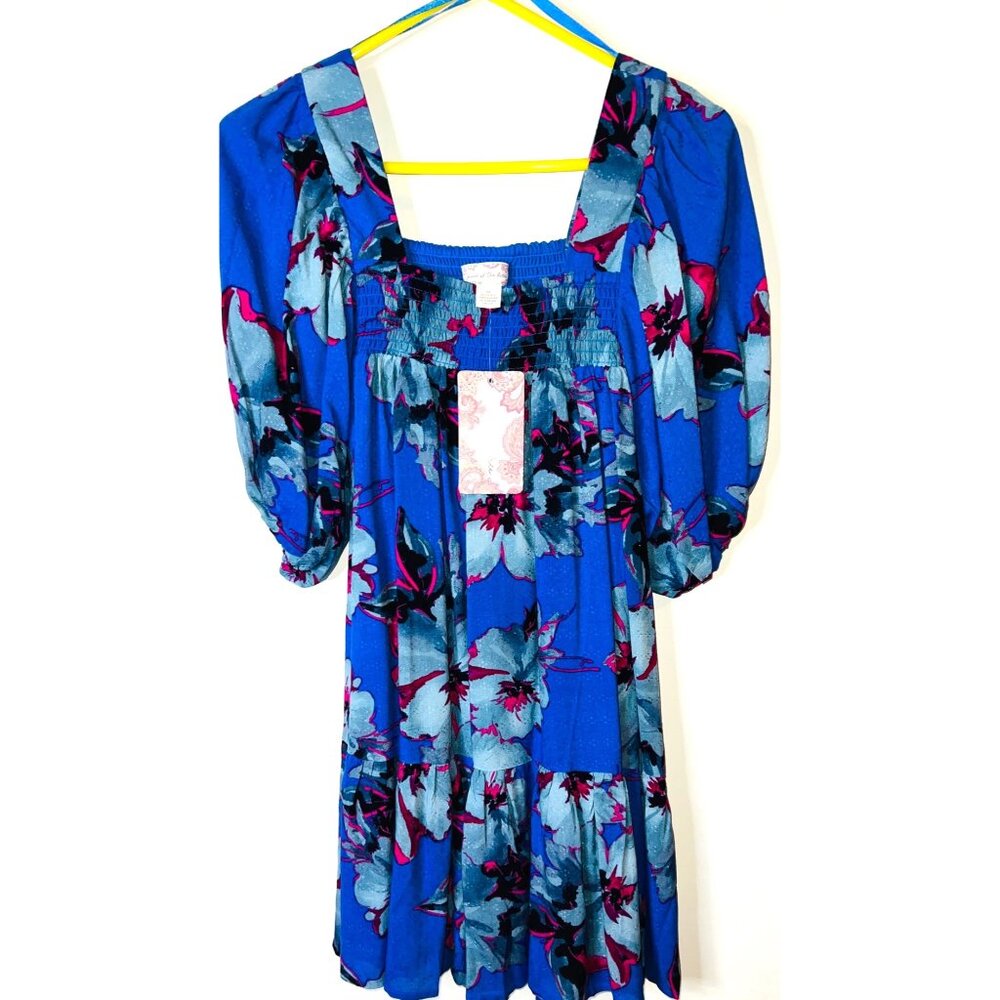 Band Of The Free Womens Floral Smocked Babydoll Dress XS Blue & Pink Viscose